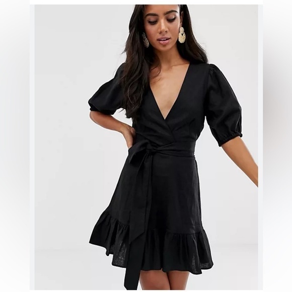 ASOS Tie Front Wrap Black Mini Dress - Picture 2 of 9